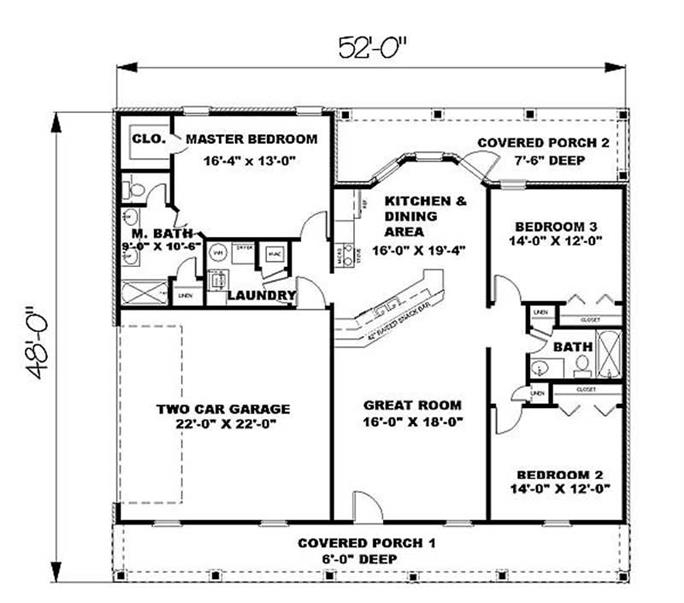 Country Ranch Floor Plan 3 Bedrms 2 Baths 1500 Sq Ft 123 1000 - Floor Plans For A 3 Bedroom Ranch House