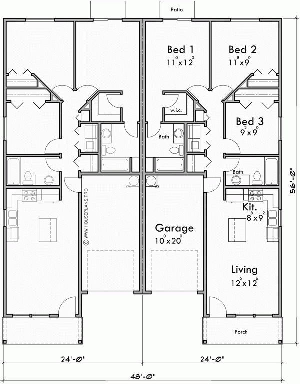 Duplex House Plan With Garage In Middle 3 Bedrooms Bruinier  - Three Bedroom Duplex Layout Floor House Plans