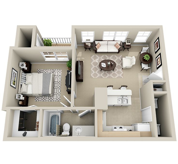 Elm Floorplan 680 Sq Ft One Bedroom House Small Apartment Plans  - 680 Square Foot House I Bedroom Floor Plans