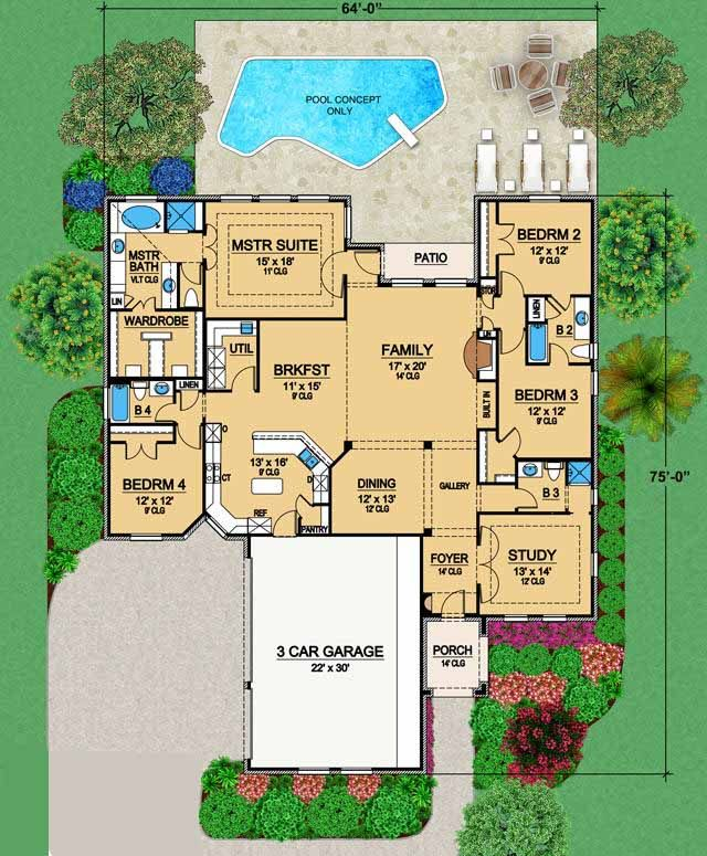 European House Plan 4 Bedrooms 4 Bath 2929 Sq Ft Plan 63 465  - Four Bedroom 2 Bath Ranch Floor Plans For Houses