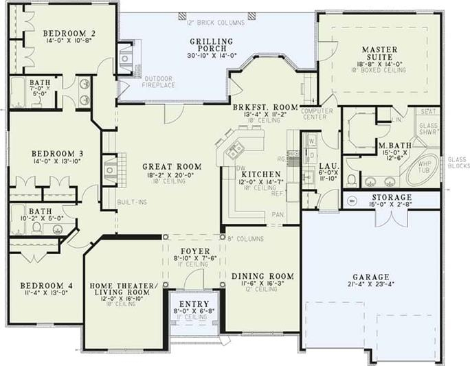 European Ranch Style House Plan 4 Bedroom 3 Bathroom - Floor Plans For 3 Bedroom House 4 Bathrooms