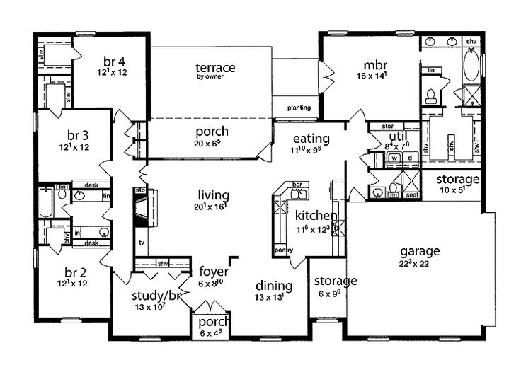 European Style House Plan 5 Beds 3 Baths 2349 Sq Ft Plan 36 442 5  - 5 Bedroom 3 Bathroom House Floor Plans