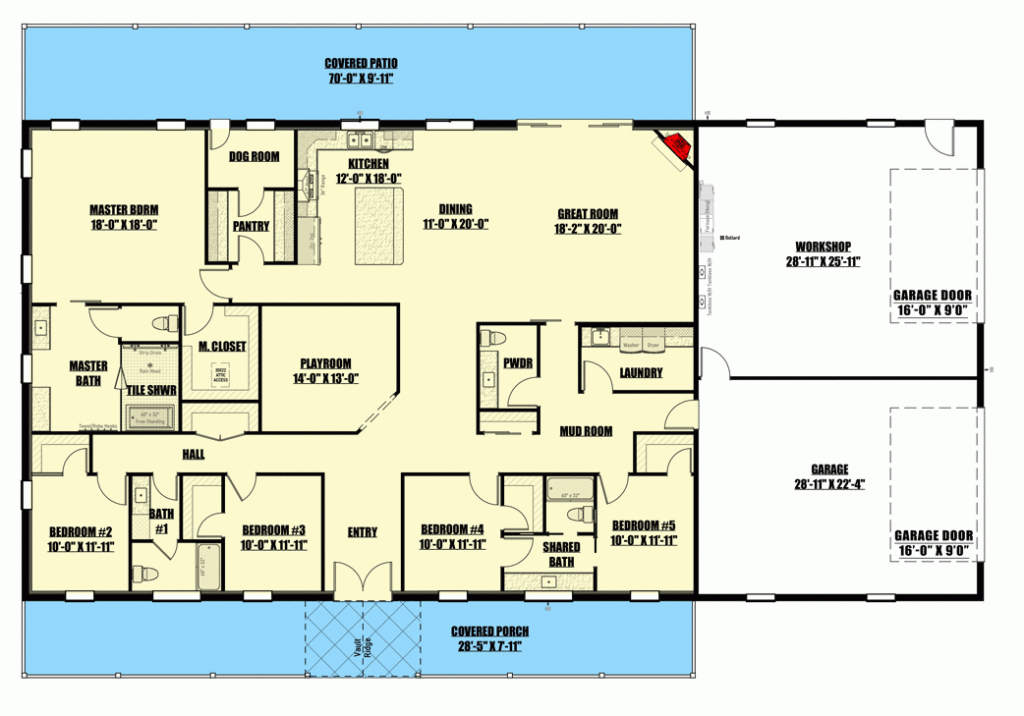 Exclusive One Story Barndominium style House Plan With 5 Beds  - 5 Bedroom House Single Story Floor Plan