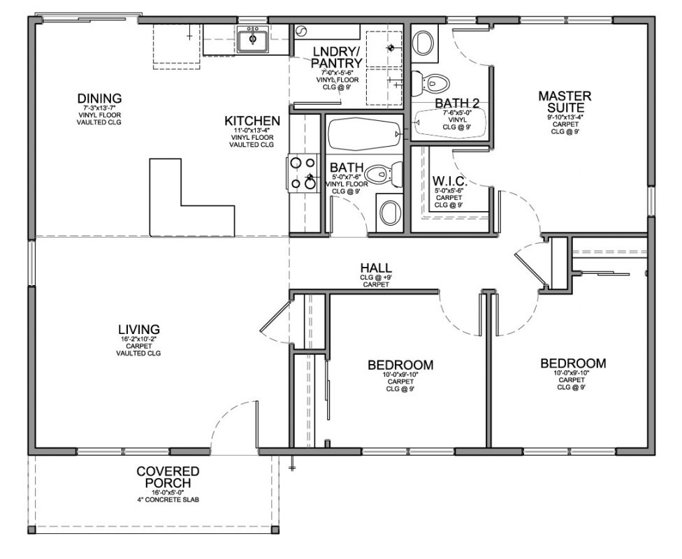 Floor Plan For Affordable 1 100 Sf House With 3 Bedrooms And 2  - 3 Bedroom 2 Bathroom House Floor Plan