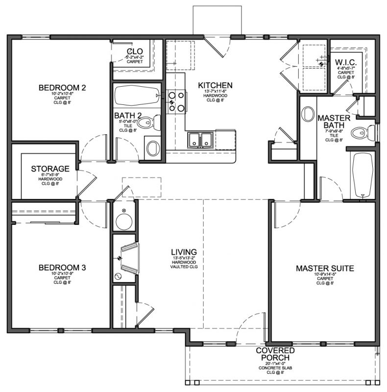 Floor Plan For Small 1 200 Sf House With 3 Bedrooms And 2 Bathrooms  - 3 Bedroom 1200 Sq Ft Open Floor House Plans