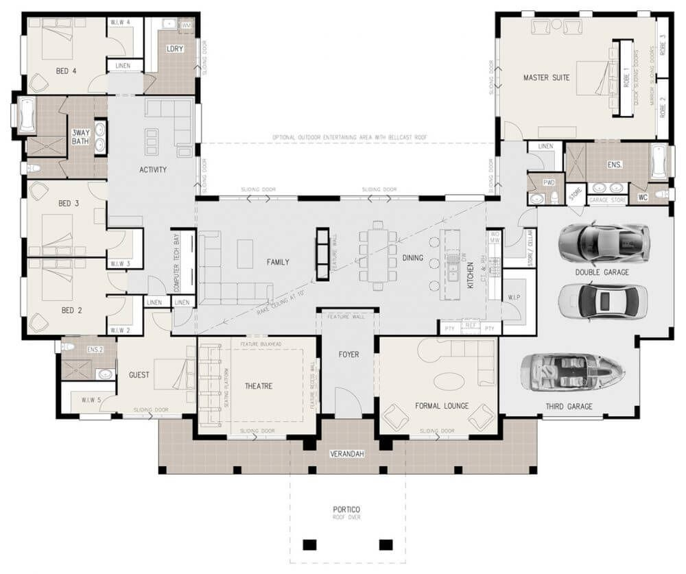 Floor Plan Friday U shaped 5 Bedroom Family Home Courtyard House  - 5 Bedroom House Plans Open Floor Plan