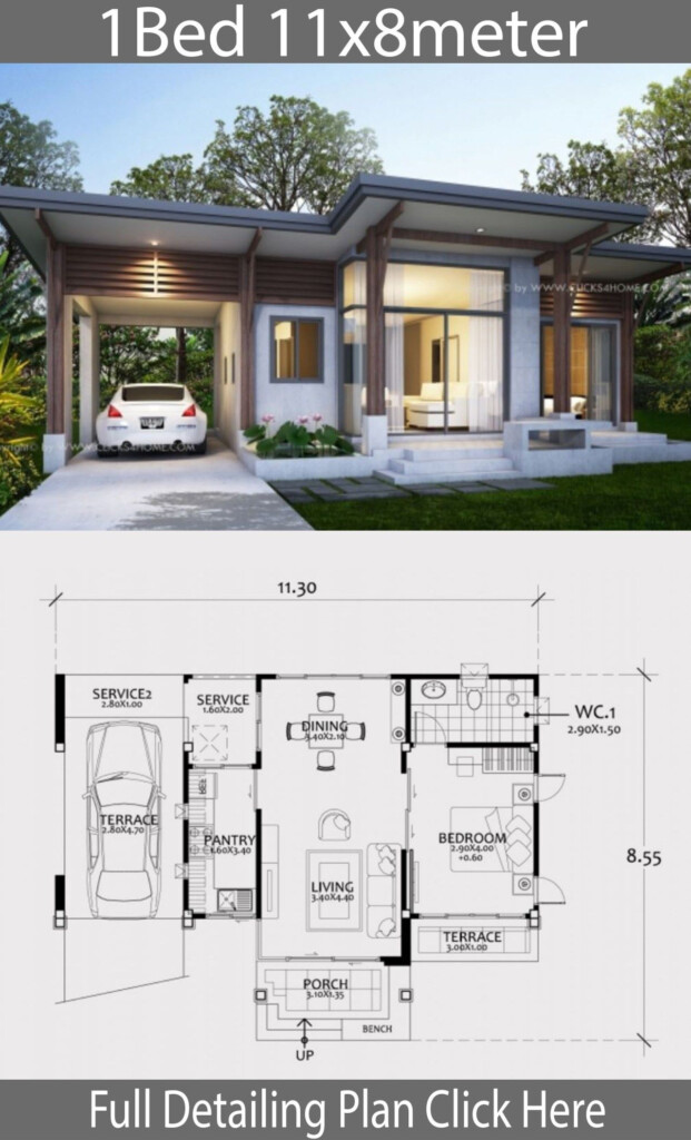 Home Design Plan 11x8m With One Bedroom Home Ideas Modern Bungalow  - One Bedroom Houses Floor Plans