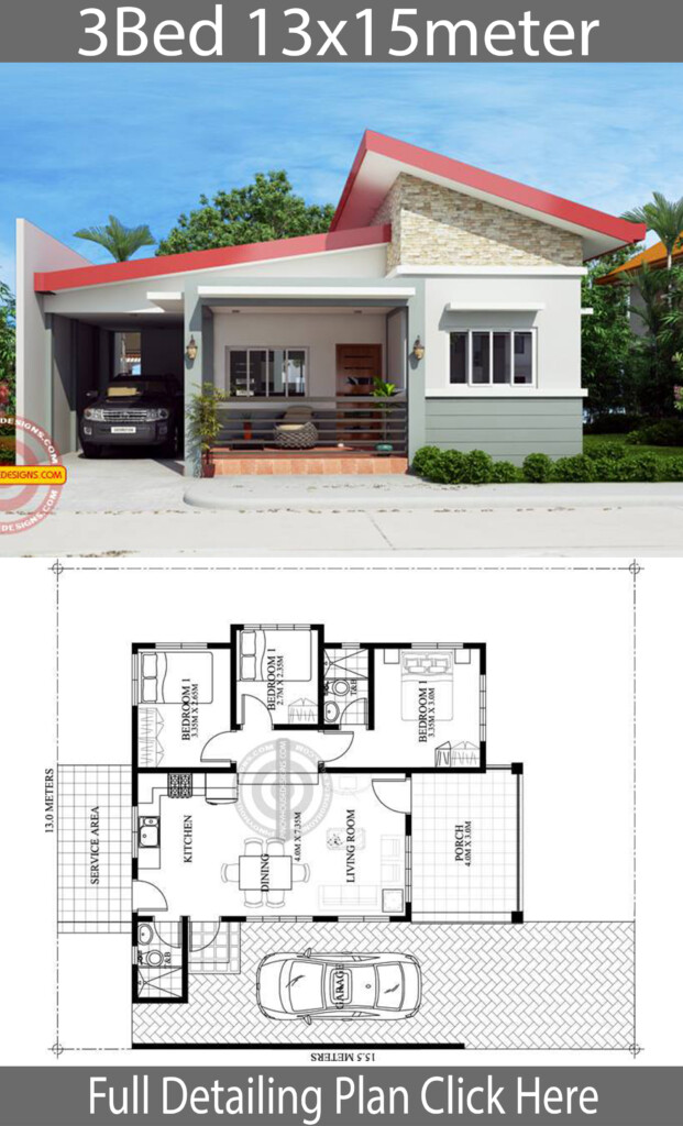 Home Design Plan 13x15m With 3 Bedrooms House Plans 3D - 3 Bedroom House Design With Floor Plan