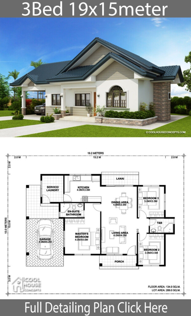 Home Design Plan 19x15m With 3 Bedrooms Home Ideas Modern Bungalow  - Floor Plan Ideas For 3 Bedroom House