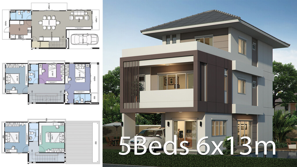 House Design Plan 6x13m With 5 Bedrooms House Plans 3D - 5 Bedroom House Floor Plans 3d