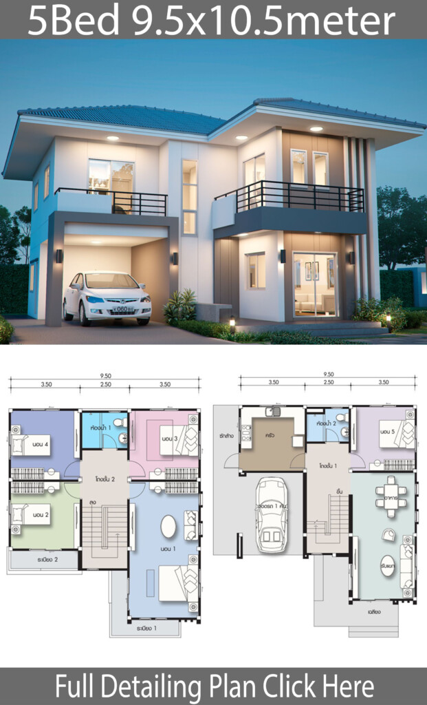 House Design Plan 9 5x10 5m With 5 Bedrooms House Idea Duplex House  - 5 Bedroom House Floor Plan Design