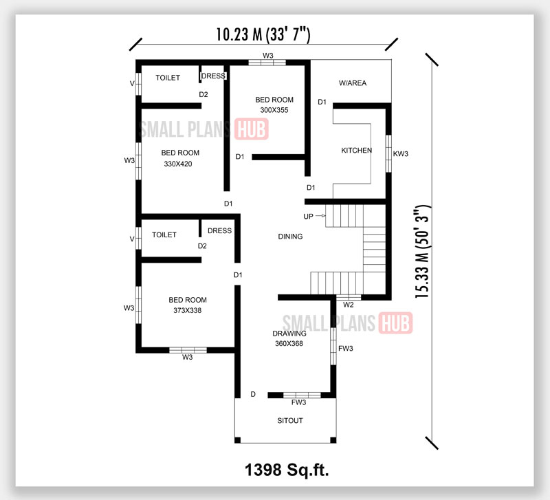 Kerala Style Three Bedroom Single Floor House Plans Under 1300 Sq ft  - 3 Bedroom House Plan Single Floor