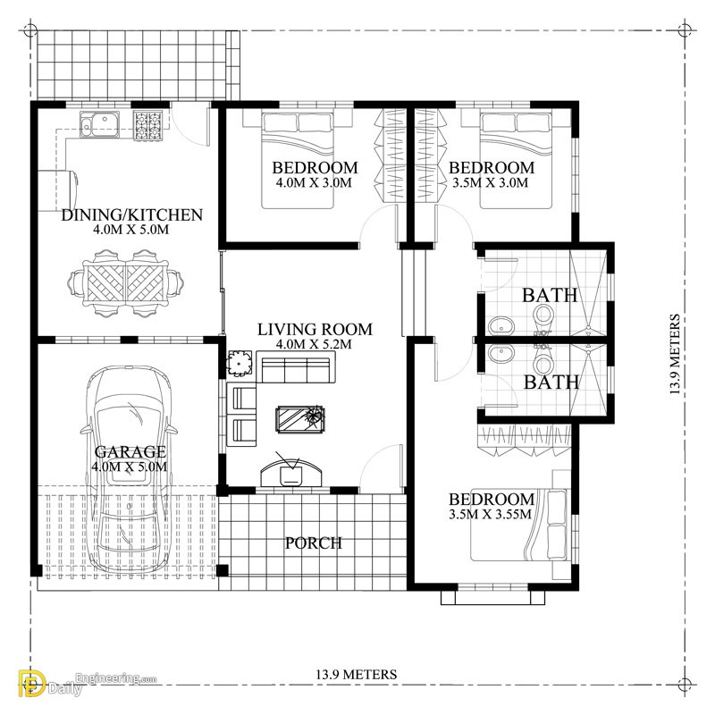 Marifel Delightful 3 Bedroom Modern Bungalow House Daily Engineering - Bungalow House With 3 Bedrooms Floor Plan