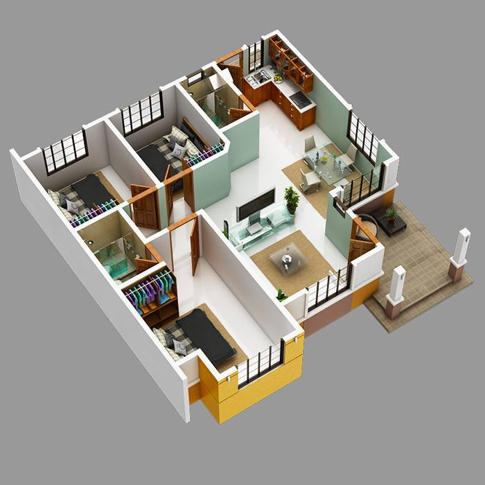 Modern Bungalow House With 3D Floor Plans And Firewall Engineering  - 3 Bedroom Bungalow House Floor Plans 3d