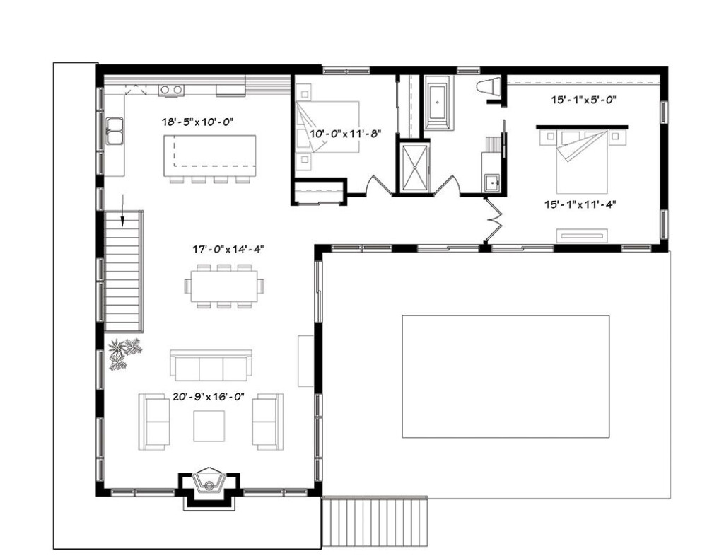 Modern Contemporary Style House Plan 1447 Laeticia Plan 1447 L  - L Shaped 1 Bedroom House Floor Plans