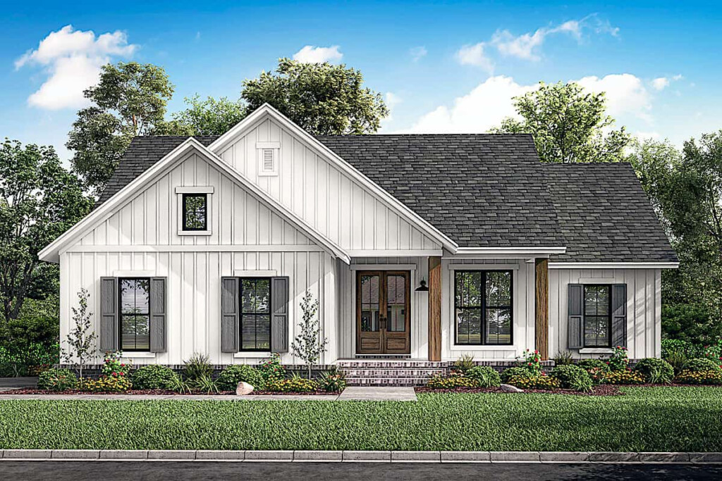 Modern Farmhouse Ranch Plan With Vertical Siding 3 Bed 142 1228 - 3 Bedroom 3 Bath One Story Floor Plans Farm House