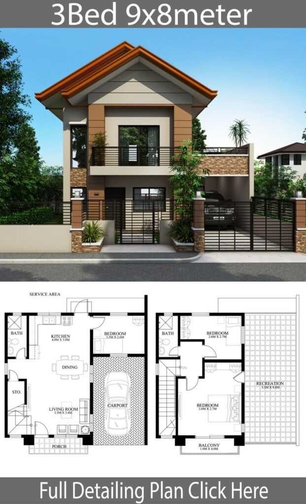 Modern Home Design Plan With 3 Bedrooms - 3 Bedroom House Plan 2 Floors