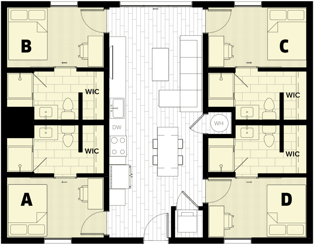 Off Campus Student Housing Floor Plans Near UA - Four Bedroom Two Bath Student Housing Floor Plans With Dimensions