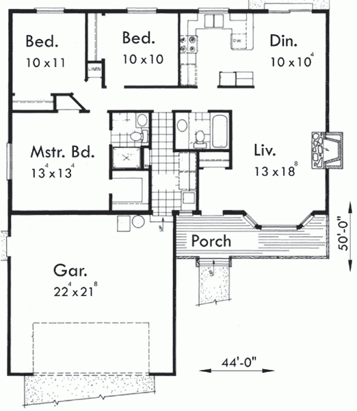 One Level House Plan 3 Bedrooms 2 Car Garage 44 Ft Wide X 50 Ft D - 3 Bedroom House With Garage Floor Plan