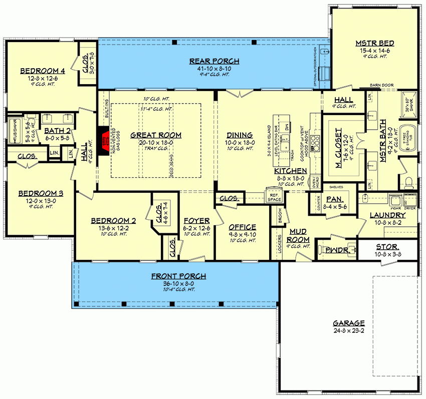 One Story 4 Bed Modern Farmhouse Plan With Home Office 2607 Sq FT  - 4 Bedroom House Floor Plans With Pocket Office Arizona