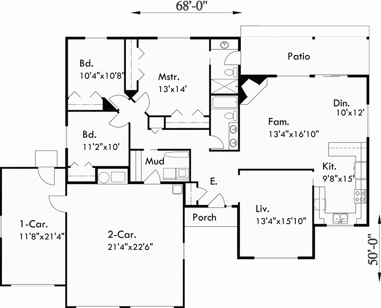 One Story House Plans 3 Car Garage House Plans 3 Bedroom House - 3 Bedroom 1 Car Garage House Floor Plans