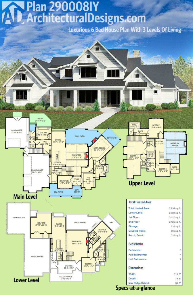 Plan 290008IY Luxurious 6 Bed House Plan With 3 Levels Of Living  - 6 Bedroom House Floor Plans 3d