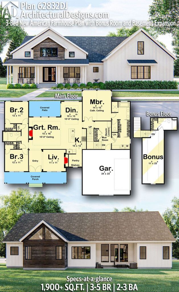 Plan 62832DJ 3 Bed New American Farmhouse Plan With Bonus Room And  - 3 Bedroom House Floor Plans Under 2000