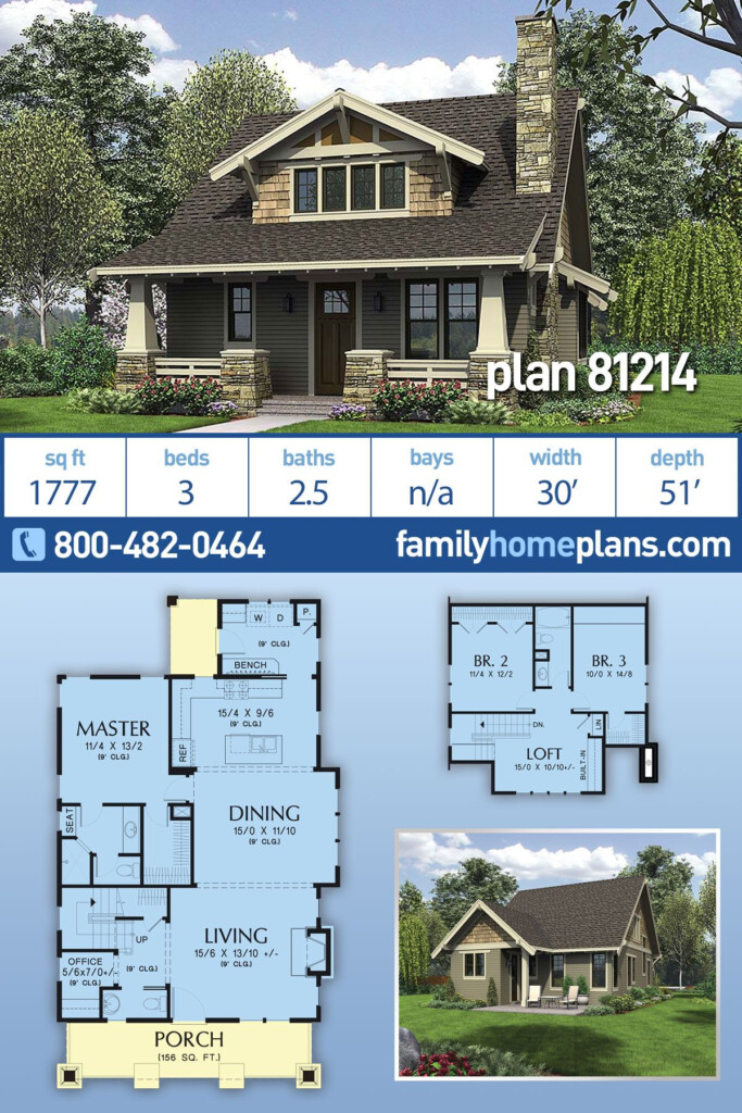 Plan 81214 Craftsman Bungalow House Plan With Open Floor Plan 3 Beds  - Open Floor Plans Three Bedroom Craftsman House Plans