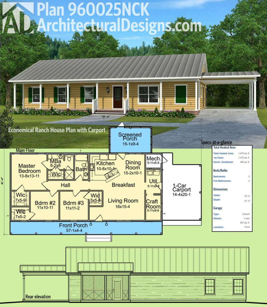 Plan 960025NCK Economical Ranch House Plan With Carport Ranch House  - Ranch Style 3 Bedroom Single Floor House Plans