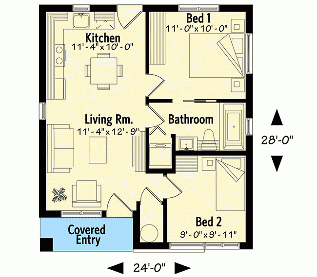 Plan DR 22456 1 2 Two Bedroom Tiny Modern House Plan - Floor Plans For Tiny House 2 Bedroom 12 Vs 16