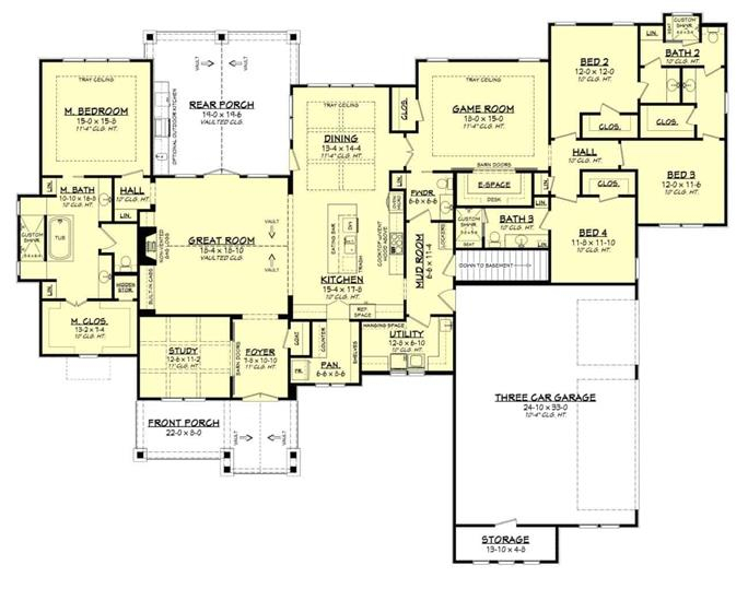 Ranch Floor Plan 4 Bedrms 3 5 Baths 3366 Sq Ft Plan 142 1207 - 4 Bedroom Ranch Style House Floor Plans With Grandbury Stone