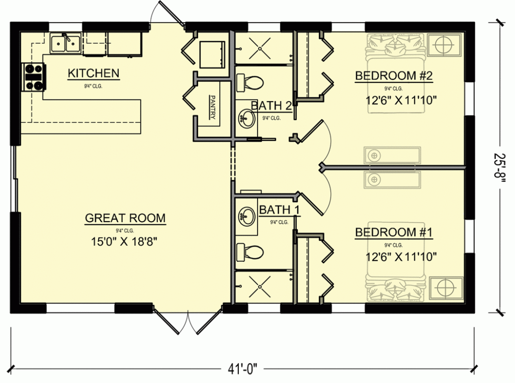 Rectangular Tiny Home Plan With 2 Bedrooms 65685BS Architectural  - 2 Bedroom Tiny House Floor Plans