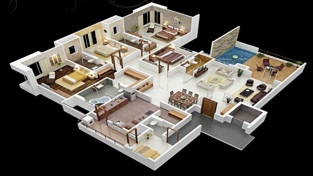 Simple 4 Bedroom House Plans 3D Renews - 4 Bedroom House Floor Plan Design 3d