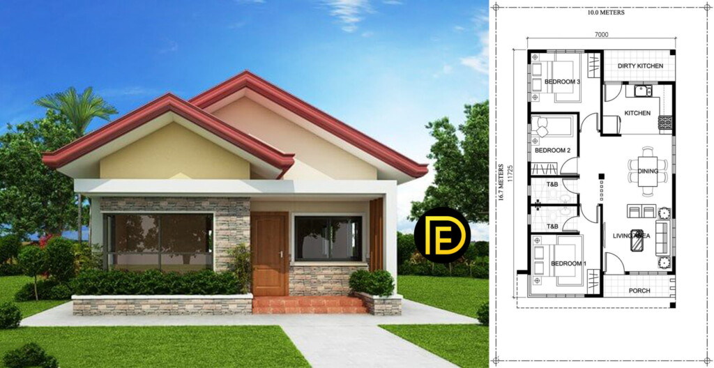 Simple And Elegant Small House Design With 3 Bedrooms And 2 Bathrooms 264 - 3 Bedroom 2 Bathroom Floor Plans Single Story House