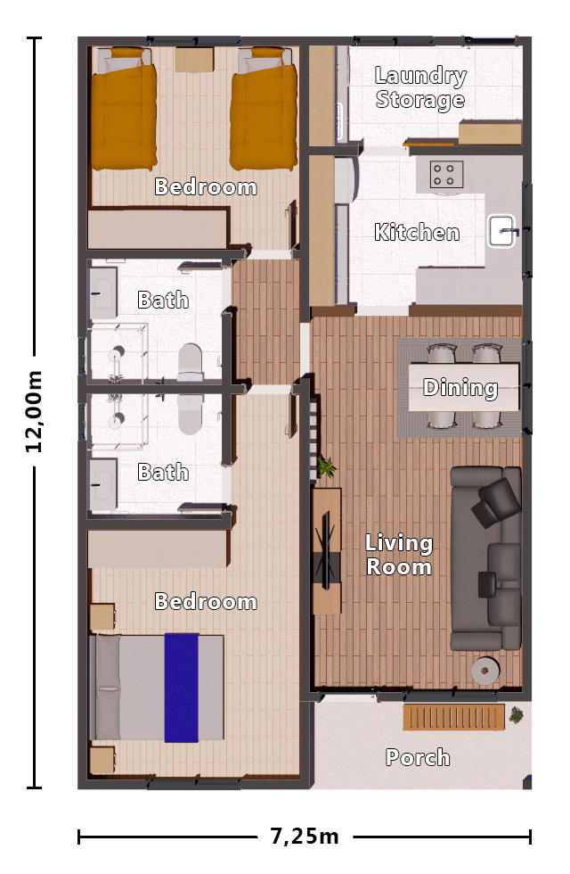 Simple House Design 2 Bedroom House Plan H1 - Floor Plan Design 2 Bedroom House