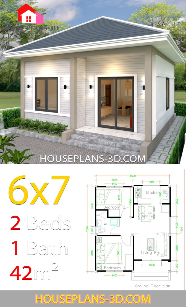 Simple House Plans 6x7 With 2 Bedrooms Hip Roof House Plans 3D Br  - 2 Bedroom Tiny House Floor Plans 3d