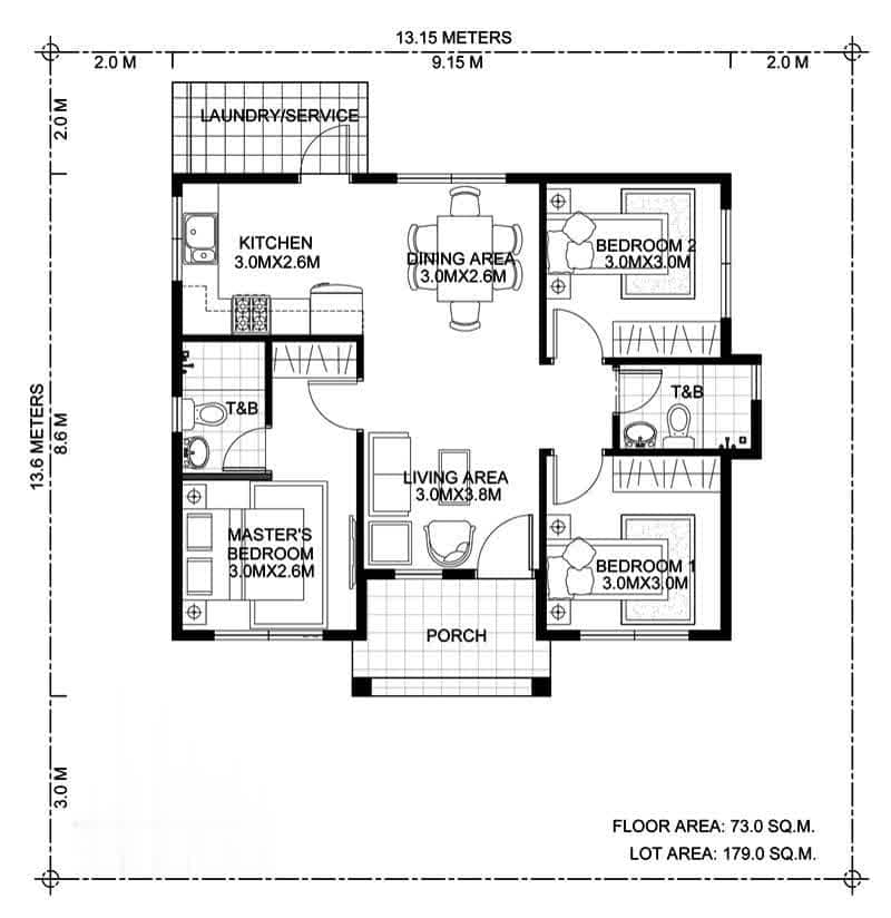 Simple One Story 3 Bedroom House Plans - 1 Floor House Plans 3 Bedroom With Dimensions