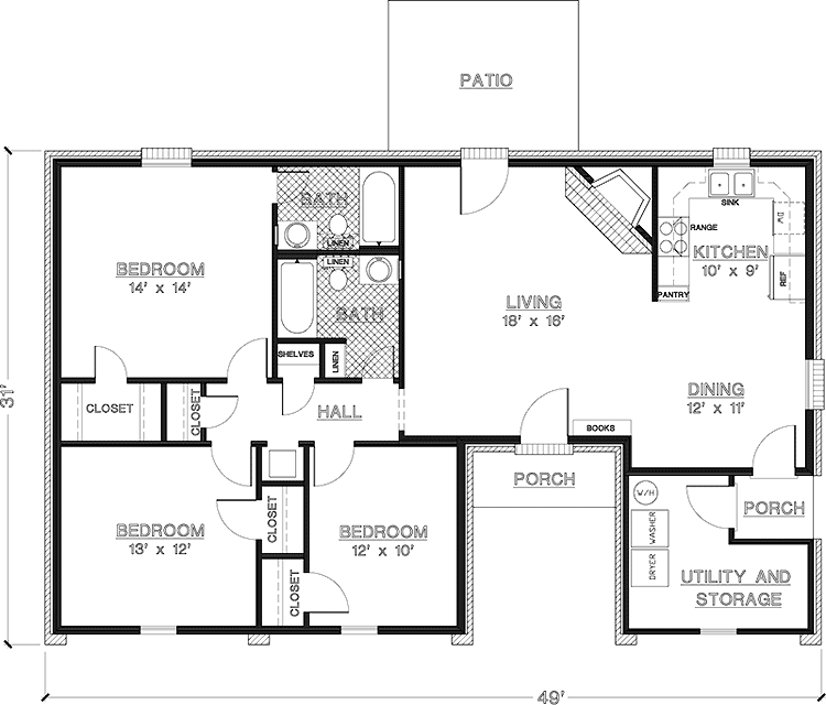 Simple One Story 3 Bedroom House Plans - Simple House Floor Plans One Story 3 Bedroom