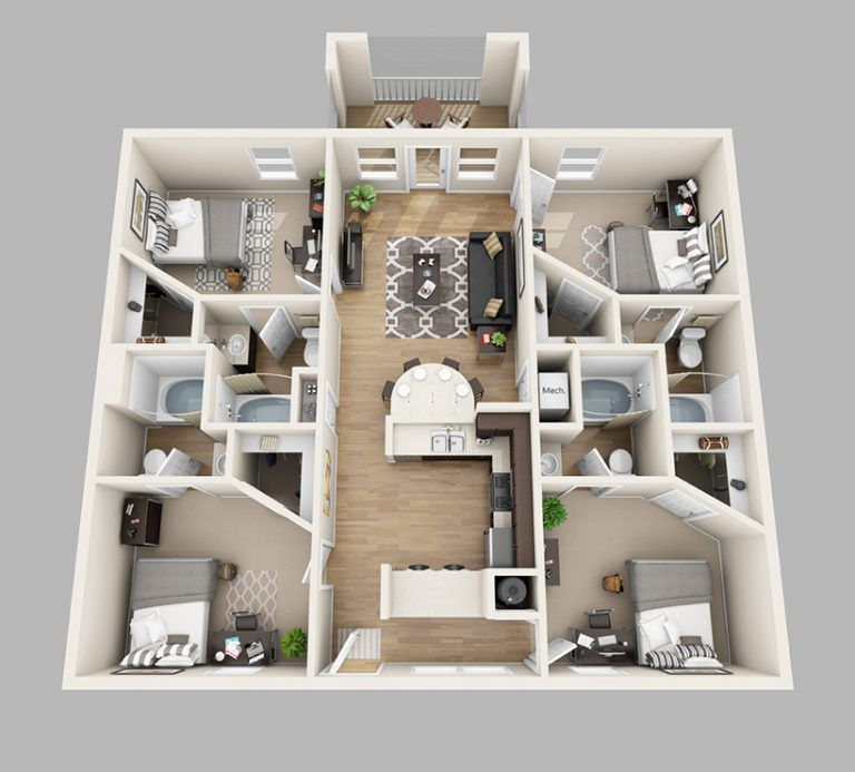 Simple Perfect 4 Bedroom Apartments Floor Plans Lux13 Apartments  - Four Bedroom Two Bath Student Housing Floor Plans