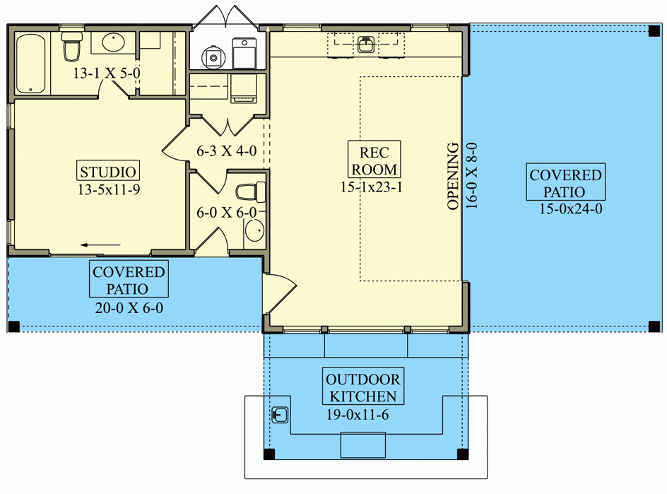 Single Story 1 Bedroom Pool House With 16 wide Garage Door Opening To  - Inground Pool With One Bedroom Pool House Floor Plans