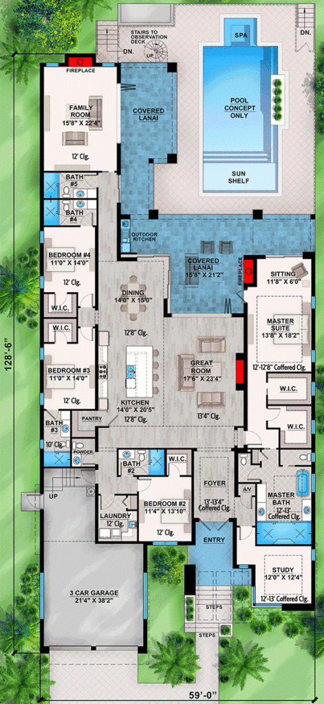 Single Story 4 Bedroom Modern Florida Home With Large Family Room  - 4 Bedroom Family House With Pool And Floor Plans