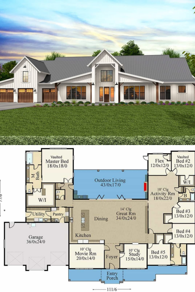 Single Story 6 Bedroom Modern Barn Home With Outdoor Living Floor Plan  - Single Story 6 Bedroom House Floor Plans