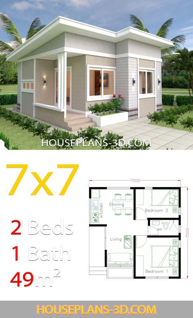 Small House Design 7x7 With 2 Bedrooms House Plans 3D Small House  - Small House Design With Floor Plan With 2 Bedrooms