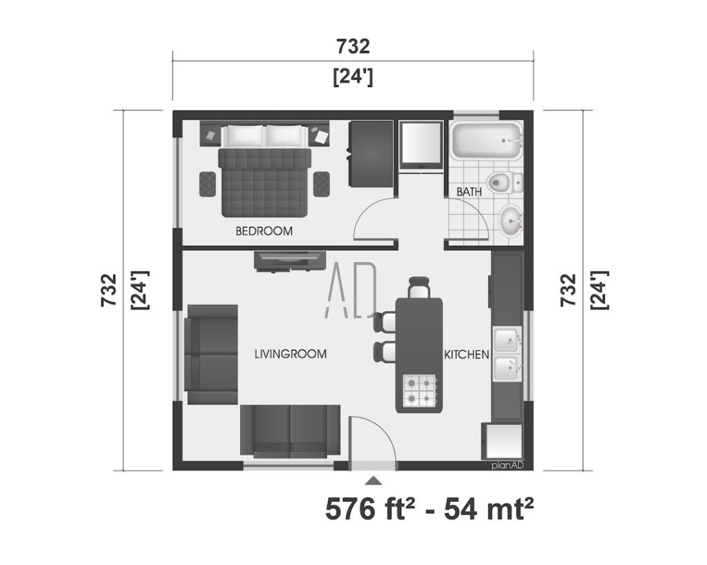 Small House Plan 1 Bedroom Home Plan 24x24 Floor Plan Tiny Etsy Australia - Small House Floor Plan 1 Bedroom