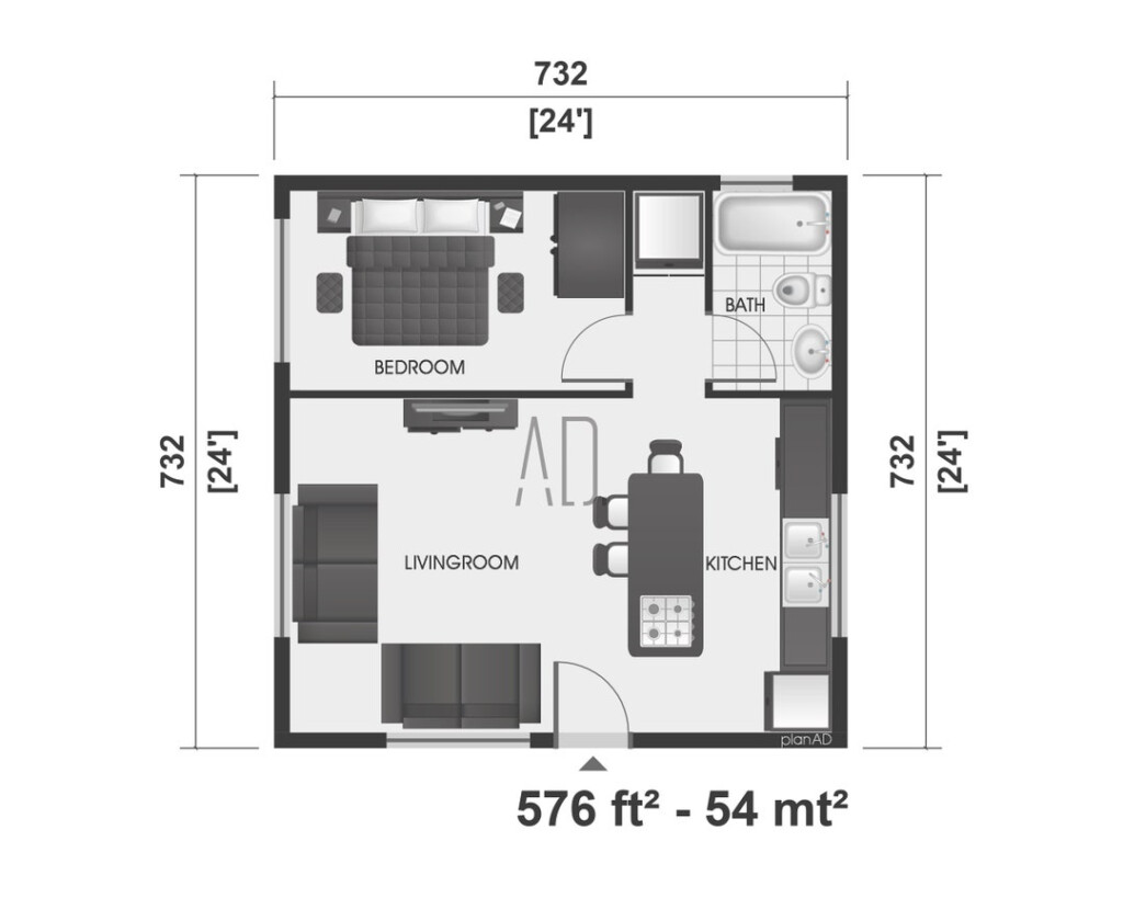 Small House Plan 1 Bedroom Home Plan 24x24 Floor Plan Tiny House  - 1 Bedroom Floor Plan Small House