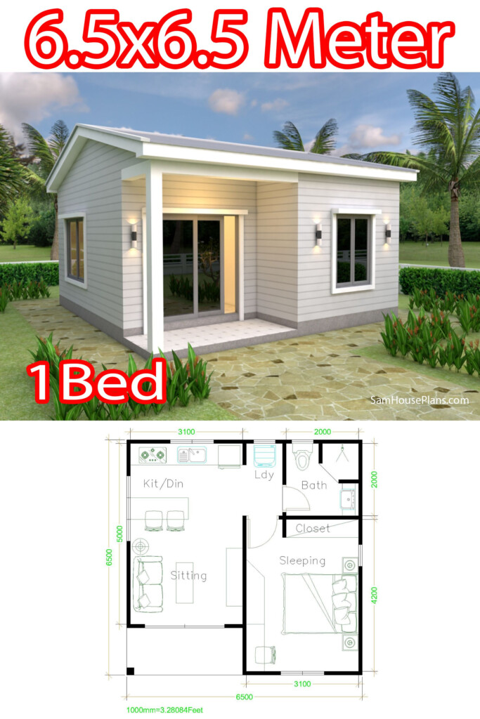 Small House Plans 21x21 Feet 6 5x6 5m One Bedroom Small House Layout  - 1 Bedroom Small House Floor Plans