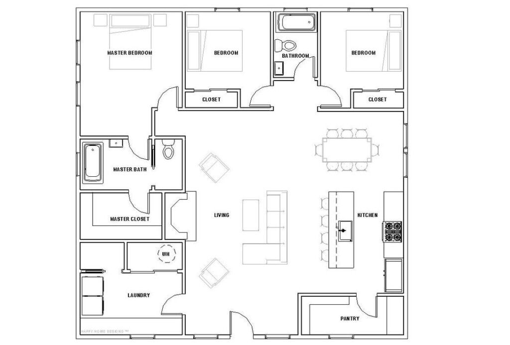 Spacious Cottage 3 Bed 2 Bath 40 x40 Custom House Plans And Blueprints  - 40x40 3 Bedroom House Floor Plans