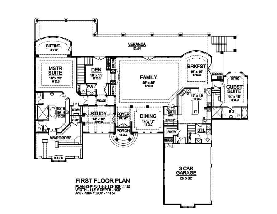 Sprawling 5 Bedroom Single Story Mansion With Tile Roof Floor Plan  - European Style 5 Bedroom Single Floor House Plan