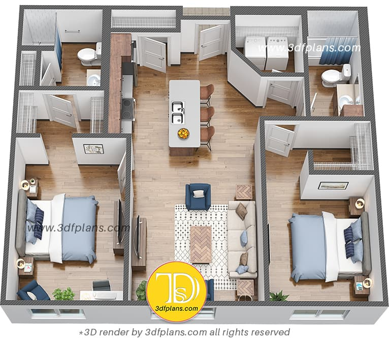 Student Housing 3D Floor Plans North Dakota 3D Floor Plans - 2 Bedroom Student Housing Floor Plans