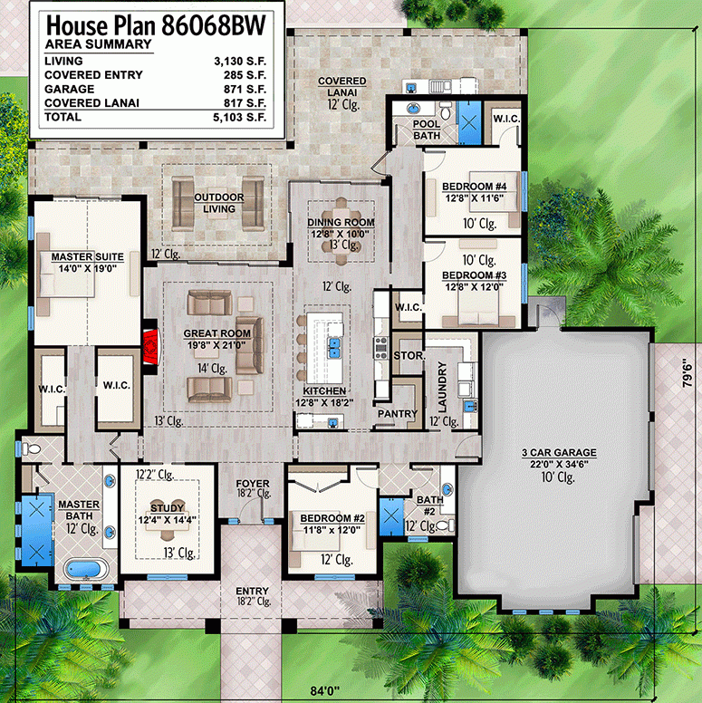 Stunning Single Story 4 Bedroom House Plan With Covered Lanai 86068BW  - 4 Bedroom House Floor Plans